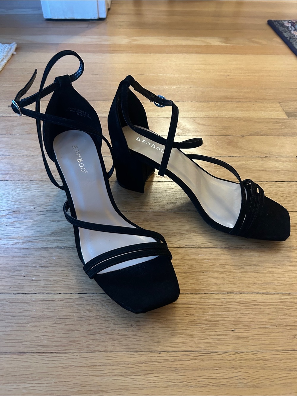 BAMBOO Black Strappy Ankle Tie Block Heels